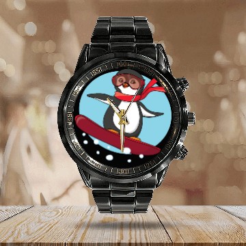 Discover Snowboarding Penguin Calendar Steel Band Watch