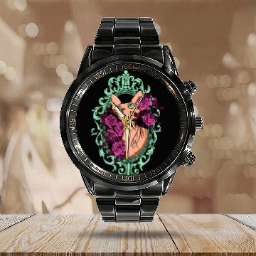 Discover Peach Sphynx Cat With Roses Calendar Steel Band Watch