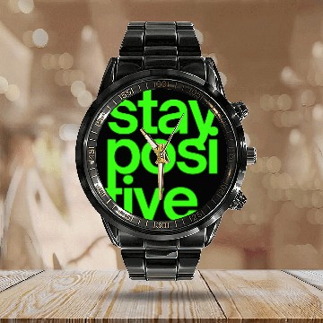 Discover Stay Positive (in neon green letters) Calendar Steel Band Watch
