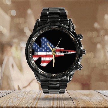 Discover F-15 Eagle Fighter Jet Airplane American Flag F15l Calendar Steel Band Watch