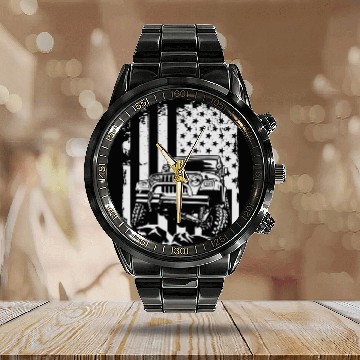 Discover American US Flag Jeep adventure lifestyle Calendar Steel Band Watch