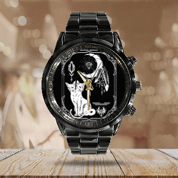 Discover Tarot Card Crescent Moon And Cat Graphic Calendar Steel Band Watch