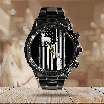 Discover Deer Hunting Distressed USA Flag With Gun & Deer Calendar Steel Band Watch