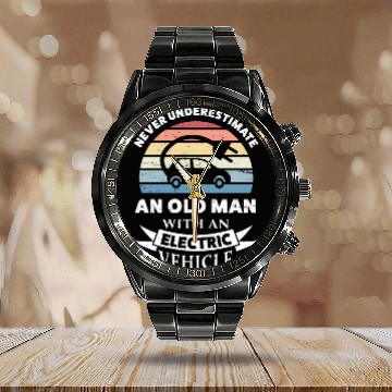 Discover Old Man with an Electric Vehicle EV Gift Husband Calendar Steel Band Watch