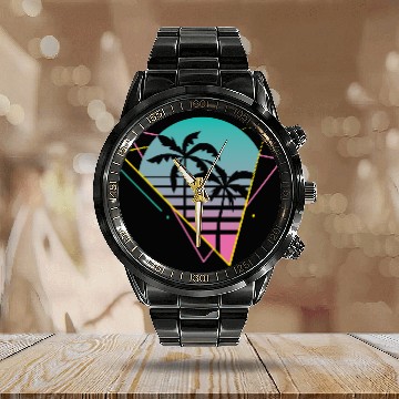Discover Vaporwave palm trees sunset retro neon vintage 80s Calendar Steel Band Watch