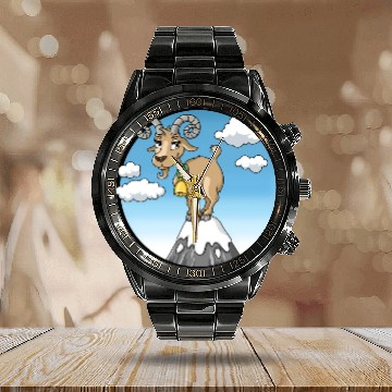 Discover Mountain goat peaks with snow cartoon Calendar Steel Band Watch