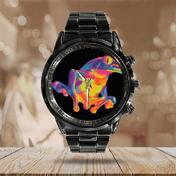 Discover Fun Rainbow Tree Frog Art Calendar Steel Band Watch