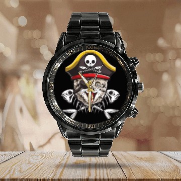 Discover Cat Pirate Jolly Roger Flag Skull Crossbones Capta Calendar Steel Band Watch