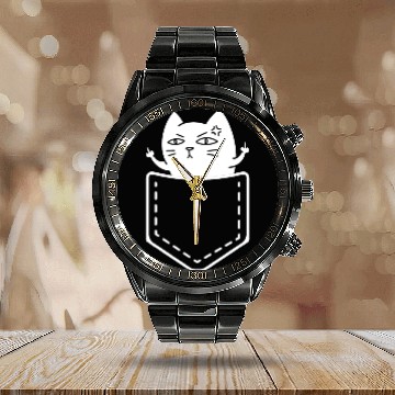 Discover cat in pocket giving middle finger Calendar Steel Band Watch