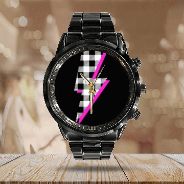 Discover Buffalo Plaid Lightning Bolt Pink Shadow Graphic P Calendar Steel Band Watch