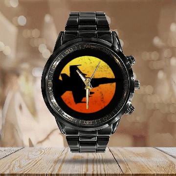 Discover F-18 Hornet Silhouette Retro Sunset Military F18f1 Calendar Steel Band Watch