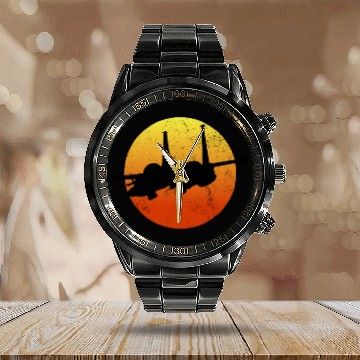 Discover F-15 Eagle Silhouette Retro Sunset Military F15 Calendar Steel Band Watch