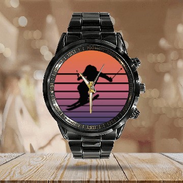 Discover Ski Skier Winter Sports Skiing Retro Gift Calendar Steel Band Watch