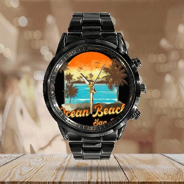 Discover Ocean Beach San Diego Summer Vacation Sunset Palm Calendar Steel Band Watch