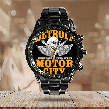 Discover Detroit Motor City, Ride Fast, Full Speed Calendar Steel Band Watch