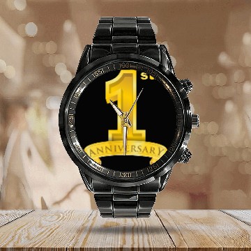 Discover first 1st anniversary. big number and ribbon text Calendar Steel Band Watch