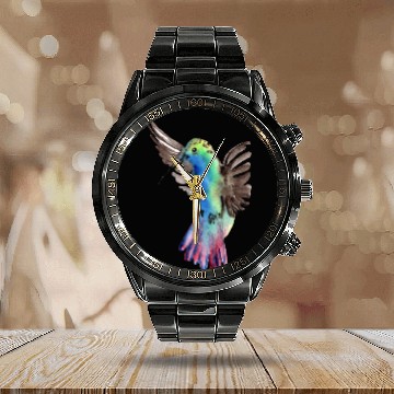 Discover Colorful Watercolor Hummingbird flying pink Calendar Steel Band Watch