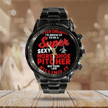 Discover Horseshoe Pitcher Calendar Steel Band Watch