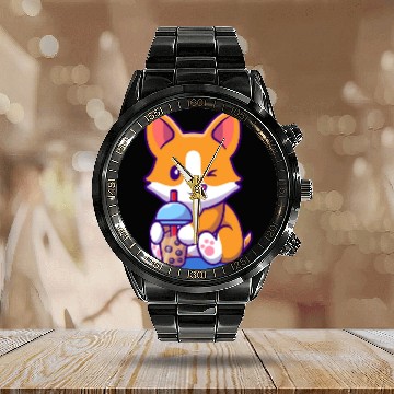 Discover corgi drink milk tea boba Calendar Steel Band Watch