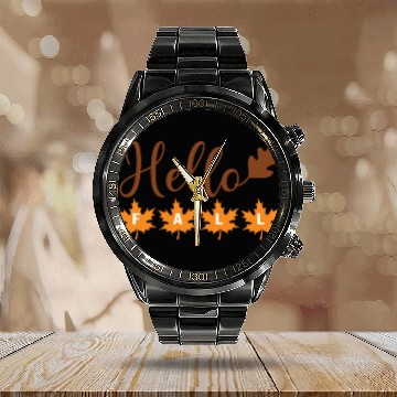 Discover Hello Fall with acorn leaf and maple leaves Calendar Steel Band Watch