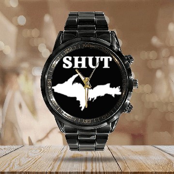 Discover Shut U.P., Upper Peninsula of Michigan Yooper 906 Calendar Steel Band Watch