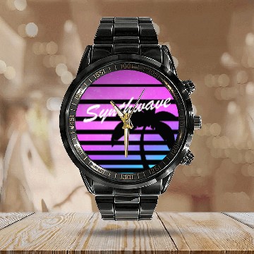 Discover Aesthetic synthwave sunset with palm tree. Calendar Steel Band Watch
