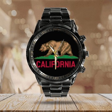 Discover California Bear Calendar Steel Band Watch
