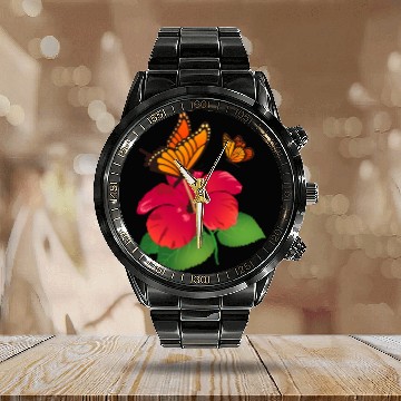 Discover Hibiscus Flower and Monarch Butterfly Nature Calendar Steel Band Watch