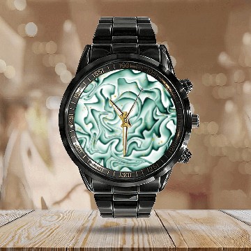 Discover Dark Green White Gold Fantasy Wave Pattern Calendar Steel Band Watch