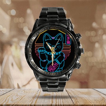 Discover Maneki Neko Japanese Lucky Cat Retrowave 80s Calendar Steel Band Watch