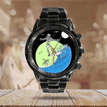 Discover Moonlight surfing skeleton Calendar Steel Band Watch for Halloween