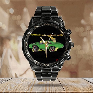 Discover 1968 Plymouth Road Runner Salt Flat Green Calendar Steel Band Watch