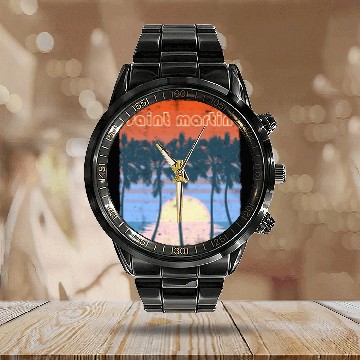 Discover Retro Saint Martin Beach Vacation Souvenir Calendar Steel Band Watch
