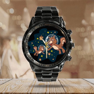 Discover Two Squirrel Astronauts with nuts Space Lover Gift Calendar Steel Band Watch