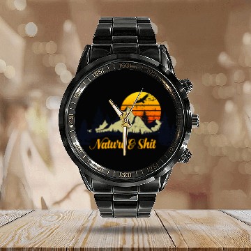Discover Nature And Shit Camping Mountain Retro Sunset Calendar Steel Band Watch