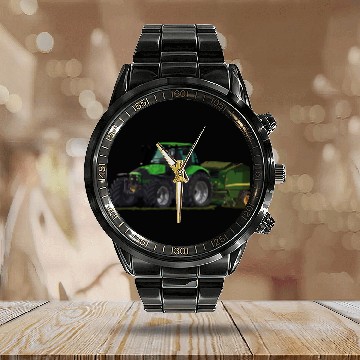 Discover Light green tractor with a baler Calendar Steel Band Watch