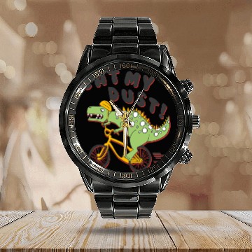 Discover Eat My Dust Tyrannosaurus rex Riding Bicycle Calendar Steel Band Watch