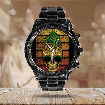 Discover Pineapple Skull Tropical Fruit Hawaii Vacation Calendar Steel Band Watch