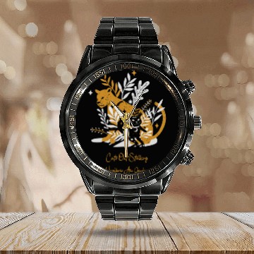 Discover Cats Out Stalking Gold Cat and Black Cat Tri blend Calendar Steel Band Watch