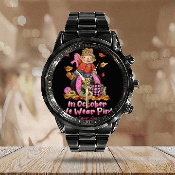 Discover In October We Wear Pink Ribbon Scarecrow Calendar Steel Band Watch