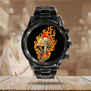Discover skull fire Calendar Steel Band Watch halloween