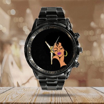 Discover Black Queen Lady Curly Natural African American Calendar Steel Band Watch