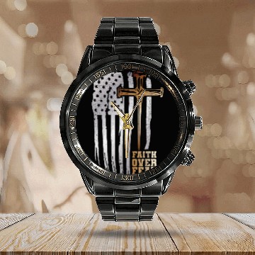 Discover Faith Over Fear Christian American Flag Calendar Steel Band Watch