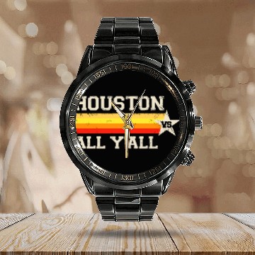 Discover Houston vs All Y'all Vintage Stripe Texas Baseball Calendar Steel Band Watch