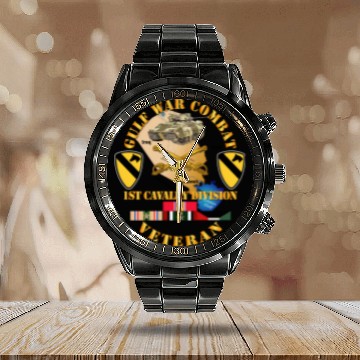 Discover Army War Combat Infantry Vet w 1st Cav Div SSI Calendar Steel Band Watch