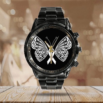 Discover Lung Cancer Awareness White Ribbon Butterfly Calendar Steel Band Watch