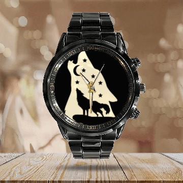 Discover Wolf silhouette howling wolf moonlight Calendar Steel Band Watch