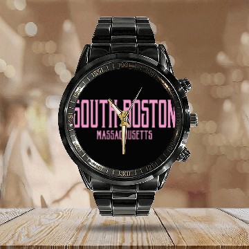 Discover South Boston Massachusetts Vintage Text Pink Print Calendar Steel Band Watch