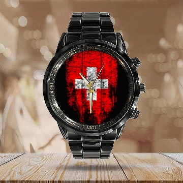 Discover Switzerland Swiss Flag Vintage Distressed Graphic Calendar Steel Band Watch