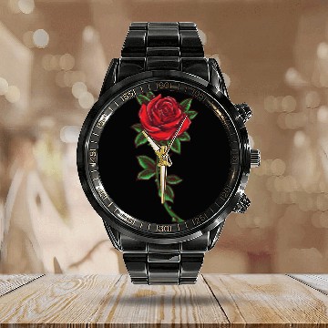 Discover Red rose, Rose stem Calendar Steel Band Watch